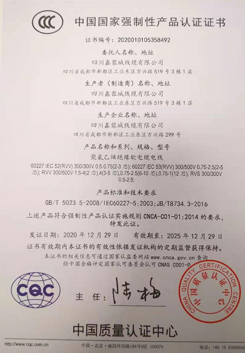 热烈祝贺四川鑫蓉城线缆有限公司顺利取得国家强制性产品CCC认证证书